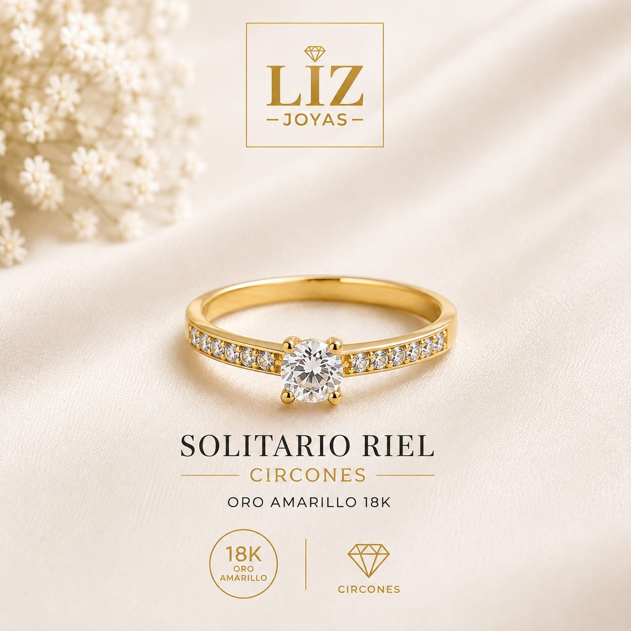 Solitario riel circones oro amarillo 18k