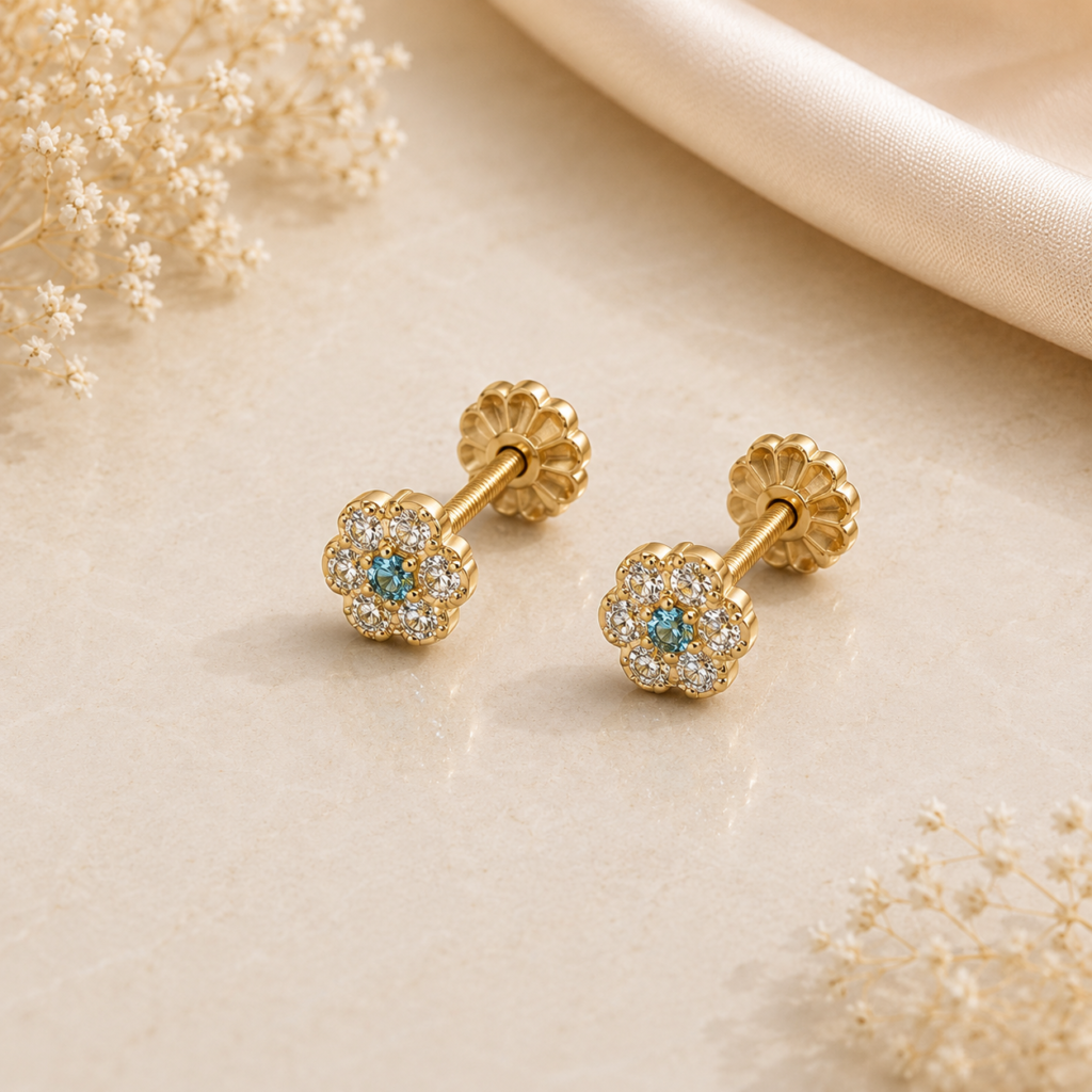 Aros roseta aguamarina 5 mm 0.9 grs Oro 18k